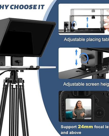 i2/12-inch All-Metal teleprompter, Lift The teleprompter and Remote Control, Using Tempered Optical Glass, Compatible with a Variety of Devices for a Variety of scenarios.