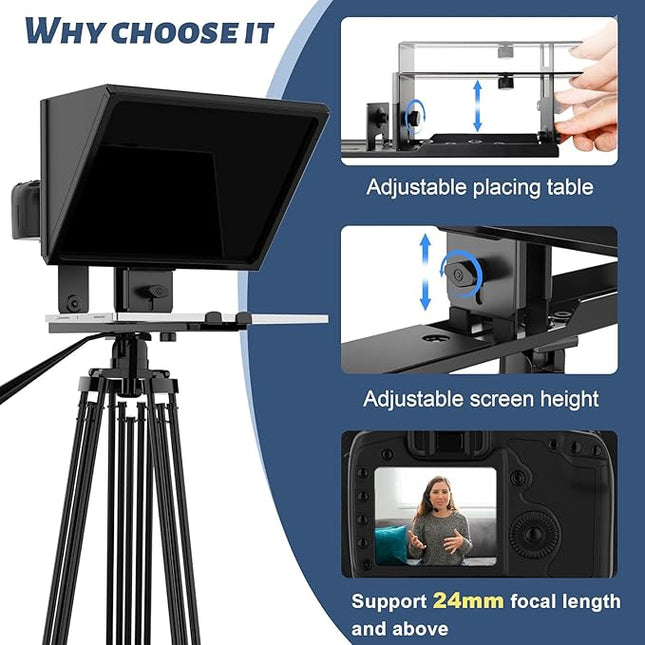 i2/12-inch All-Metal teleprompter, Lift The teleprompter and Remote Control, Using Tempered Optical Glass, Compatible with a Variety of Devices for a Variety of scenarios.