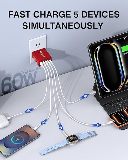 USB C Wall Charger Block, 2Pack 60W USB C Charger 5-Port PD Fast Charging Blocks,QC 3.0 USB A Multiport Plug,Type C Power Adapter Brick Cube for iPhone 17/16/15/14/13/Pro,Samsung,for Switch/Pixel（Red）