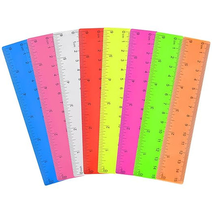 Unjoo Clear Plastic Ruler 6 Inch Straight Rulers, Bulk Assorted Colors, Shatterproof Ruler with Inches and Centimeters for School Classroom, Home, or Office (8 Pack)
