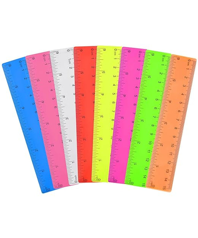 Unjoo Clear Plastic Ruler 6 Inch Straight Rulers, Bulk Assorted Colors, Shatterproof Ruler with Inches and Centimeters for School Classroom, Home, or Office (8 Pack)