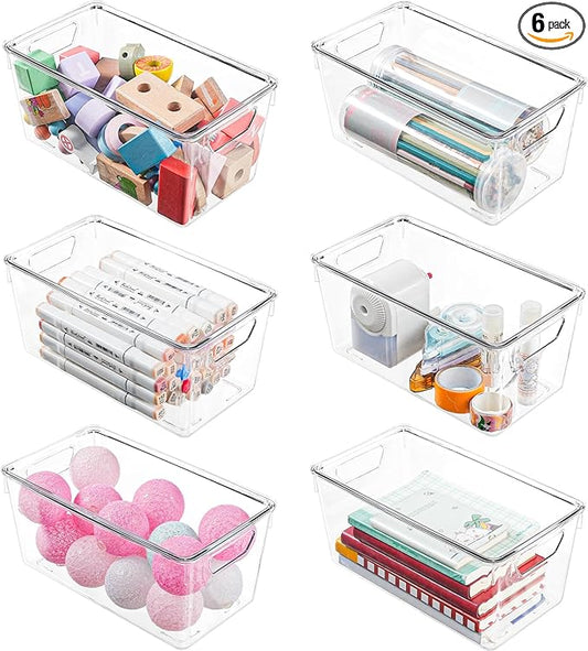 6 Pack Clear Storage Bins with Lids, Small Acrylic Arts and Craft Storage Containers, Stackable Clear Plastic Craft Storage Bins with Handles for Pantry Organizers and Storage, Kitchen, Fridge, Office