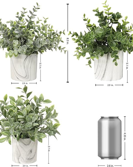 Hollyone Mini Artificial Potted Plants Fake Plants in Marble Pots, 3Pcs Plastic Eucalyptus Greenery Faux Plants for Home Office Desk Room Centerpiece Shelf Décor