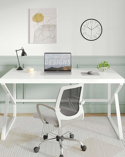 HSH White Computer Desk, Modern Wood Home Office Desk, PC Desk for Executive Work Writing Study Gaming Student Bedroom, Farmhouse Simple Wooden and Metal Computer Table Workstation, White Oak 55 Inch