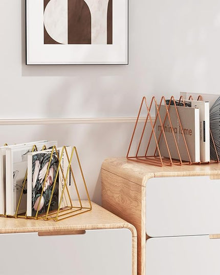 Urban Deco Triangle Desk Organizers Metal Wire Magazine Holder 7 Sections Decorative File Folder Organizer Vinyl Record Storage Office For Desk - Gold Magazine File Holder - Pack of 2