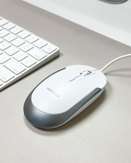 Macally Silent Wired Mouse - Slim & Compact USB Mouse for Apple Mac or Windows PC Laptop/Desktop - Designed with Optical Sensor & DPI Switch - Simple & Comfortable Wired Computer Mouse (White)