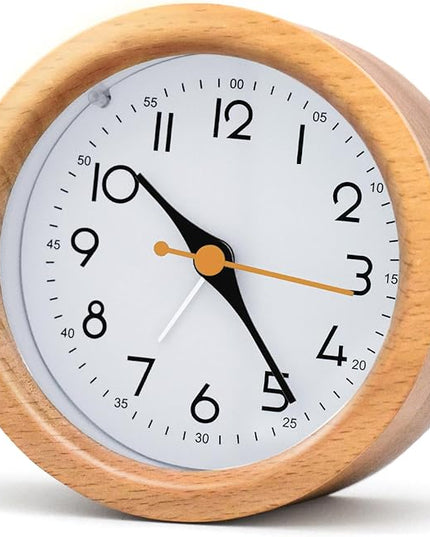 Oxmidud 4'' Natural Wooden Analog Alarm Clock with Soft Night Light - Battery Operated Non-Ticking Silent Tabletop Minimalist Desk & Bedside Clock for Bedrooms Living Room Home Office Decor
