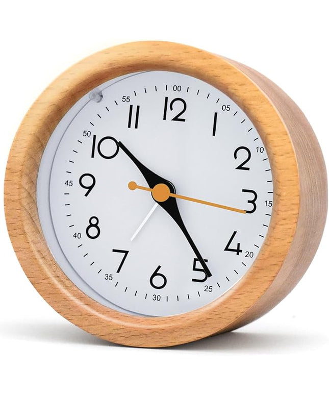 Oxmidud 4'' Natural Wooden Analog Alarm Clock with Soft Night Light - Battery Operated Non-Ticking Silent Tabletop Minimalist Desk & Bedside Clock for Bedrooms Living Room Home Office Decor