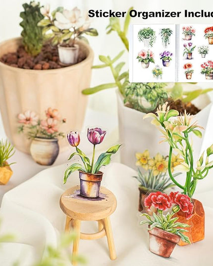MiyouLuna 150Pcs Potted Plant Stickers, Botanical PET Stickers for Scrapbooking, DIY Crafts, Journaling, and Junk Journal Ephemera with Organizer