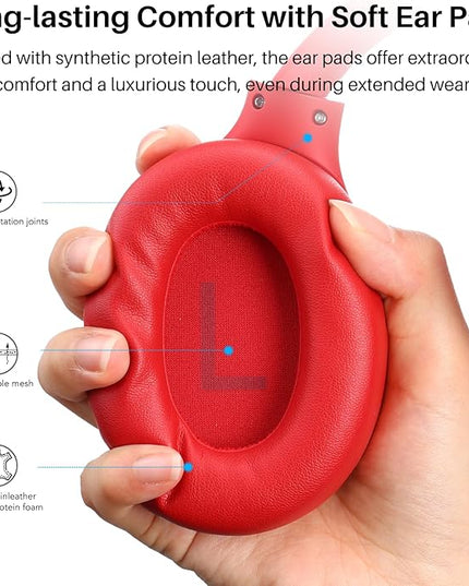 TOZO HT2 Hybrid Active Noise Cancelling Headphones, Wireless Over Ear Bluetooth Headset, 60H Playtime, Hi-Res Audio Custom EQ via App Deep Bass Comfort Fit Ear Cups, for Home Office Travel Red