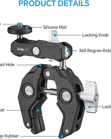 Super Clamp Camera Clamp Mount Monitor 360°Ballhead Magic Arm Double Ball Head Adapter with 1/4"-20 & 3/8"-16 Thread for Canon Nikon DSLR Camera/Gopro/LED Light Ronin-M/Ronin MX/FreeflyMOVI