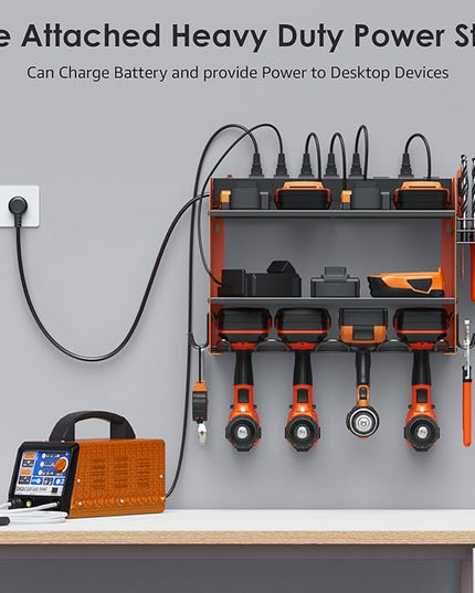 CCCEI Modular Power Tool Organizer Wall Mount with Charging Station. Garage Drill Storage Shelf with Hooks, Heavy Duty Rack, Tool Battery Holder Built in 8 Outlet. Gift for Men. Orange, 1 Pack.