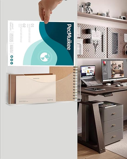PecMuikee Wall File Organizer, Horizontal Acrylic Mail Magazine Holder Wall Mount, 4 Colors of Screw Caps Included Hanging File Organizer for School, Office, Hospital, 2 Pcs