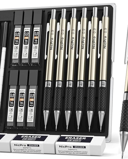 Nicpro 0.9 mm Art Mechanical Pencils Set in Case, 6 PCS Metal Drafting Pencil 0.9mm Lead Pencil with 6 Tube HB Lead Refills, 3 Erasers, 18 PCS Eraser Refills for Artist Writing, Drawing, Sketching