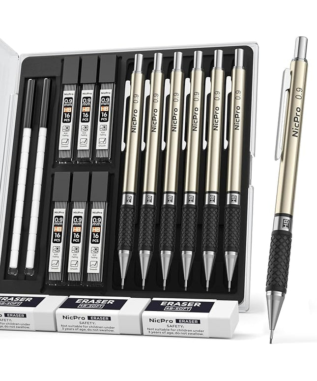 Nicpro 0.9 mm Art Mechanical Pencils Set in Case, 6 PCS Metal Drafting Pencil 0.9mm Lead Pencil with 6 Tube HB Lead Refills, 3 Erasers, 18 PCS Eraser Refills for Artist Writing, Drawing, Sketching