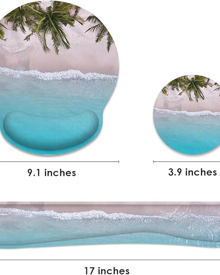 Britimes Blue Ocean Mouse Pad 3pcs Set with Wrist Support Non-Slip Rubber Base Ergonomic Pad,Summer Beach Mouse Wrist Cushion Support and Coasters for Home Office Gaming Easy Typing & Pain Relief