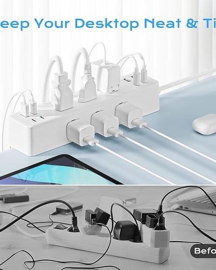 Flat Plug Desk Clamp Power Strip 10FT, 24W Total Charging Station, Desk Edge Mount Power Strip 9 AC Outlets 8 USB Ports Surge Protector, Fit 1.7" Tabletop Edge, Home Office Accessories, White
