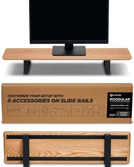Moodular Wooden Monitor Stand 33.4” (85cm) Desk Organizer with Metal Slide Rails for Drawer, Tray, Laptop, Tablet, Phone & Headphones Customizable Riser for Organized Workspace Oak MS85-O