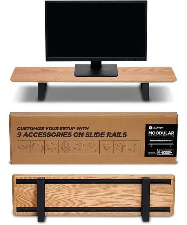 Moodular Wooden Monitor Stand 33.4” (85cm) Desk Organizer with Metal Slide Rails for Drawer, Tray, Laptop, Tablet, Phone & Headphones Customizable Riser for Organized Workspace Oak MS85-O