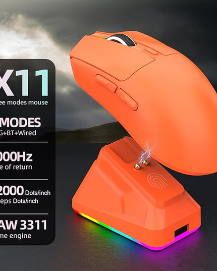Lightweight Gaming Mouse, RGB Light 3 Mode Connection with 6 Adjustable DPI 800 12000, 7 Customizable Buttons, with Magnetic Charging Base (Orange)