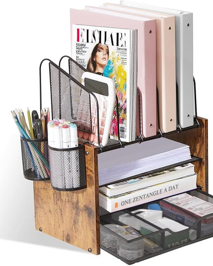 Y YOMA Wooden Desk Organizer, 4-Tier Mesh Desk Organizer with Drawer, Paper Tray & 5 Vertical File Holders, 2 Pen Holders, Desktop Organizer and Accessories for Home Office Dorm