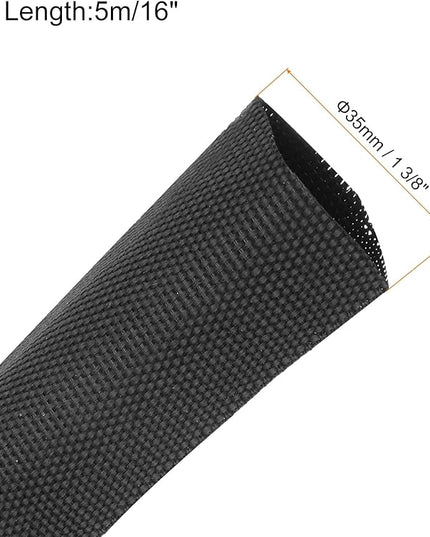 MECCANIXITY Braided Cable Sleeves Heat Shrinkable Fabric Sleeving, 1 3/8" 16ft Black 2:1 Ratio Heat Shrinkable Cord Protector for Harness Cable, Network Cable Protection, Cable Management