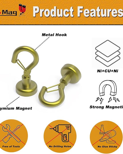 Ant Mag Magnetic Hooks Heavy Duty with Snap 22lbs Strong Gold Magnet Hooks Great Hanging for Refrigerator, Cruise Cabin, Grill, Wreath,Kitchen,Office 8 Pack
