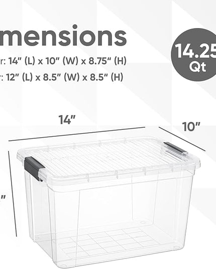 Superio Clear Storage Bins with Lids, 14.7 Quart BPA Free Plastic Containers, Transparent Boxes for Organizing, Stackable Crates, Organizer Totes for Home, Office, School, and Dorm