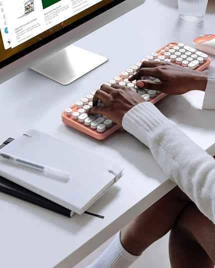 MOFII Wireless Keyboard and Mouse Combo, Computer Full Size 2.4G Plug and Play Wireless Typewriter Retro Round Keyboard and Mouse Set for Windows, Computer, Desktop, PC, Notebook - (Light Orange)