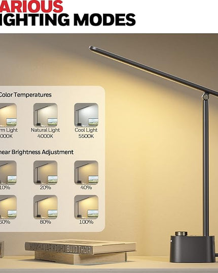 Honeywell Sunturalux™ LED Desk Lamp with USB Charging Ports HWT-H01 - Stepless Dimmable Eye Caring Desk Light for Home Office Bedroom Bedside College Dorm, Foldable Table Lamp Reading Lamp Black