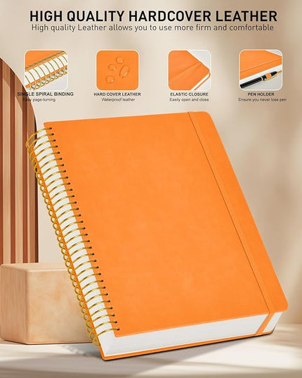 B5 Spiral Notebook Journal 7.6” x 10”, 300 Numbered Pages Hardcover Leather Journals for Women Men, Large Lined College Ruled Notebooks, 100GSM Thick Paper, Spiral Bound Journal for Work School, Orange
