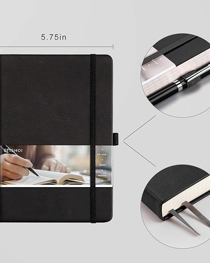 EMSHOI Graph Paper Notebook - 256 Pages A5 Graph Notebook/Journal, Hard Cover, 120gsm Thick Paper, Smooth PU Leather, Inner Pocket, 5.75'' × 8.38''-Black
