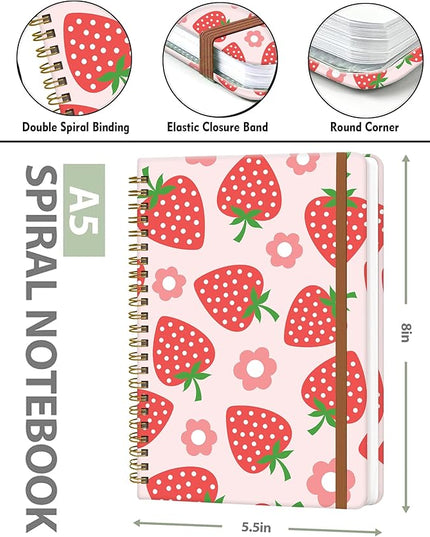 Spiral Journal Notebook for Women, Hardcover A5 College Ruled Notebook, 120 Pages, Thick Paper, Cute Lined Journal for School, Office & Work, 6 x 8.4 in(Pink Strawberry Flower)