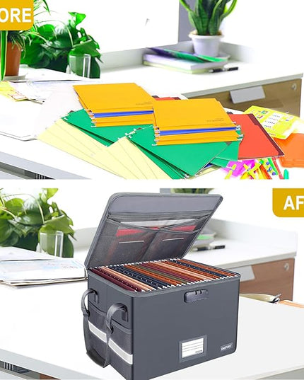 ENGPOW File Box with Lock, Fireproof Document Box with Zipper Lid, Collapsible File Organizer Storage Filing Cabinet with Handle, Portable Home Office Safe for Hanging Letter/Legal Folders, Grey