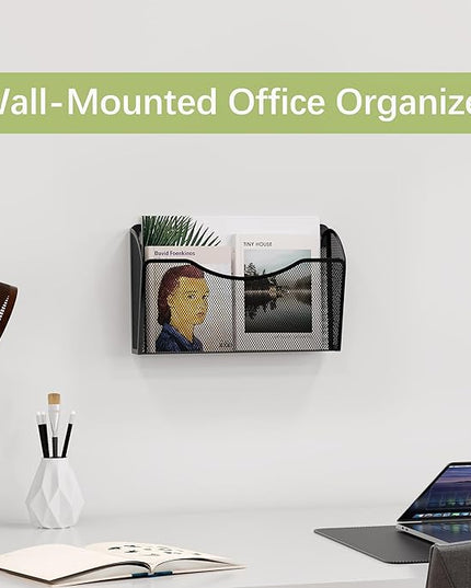 EasyPAG Single Pocket Wall File Organizer, Mesh Hanging File Folder Organizer for Letter/A4 Size Folders Wall Mounted Vertical Mail Holder for Paperwork, Office, Home, School, Black