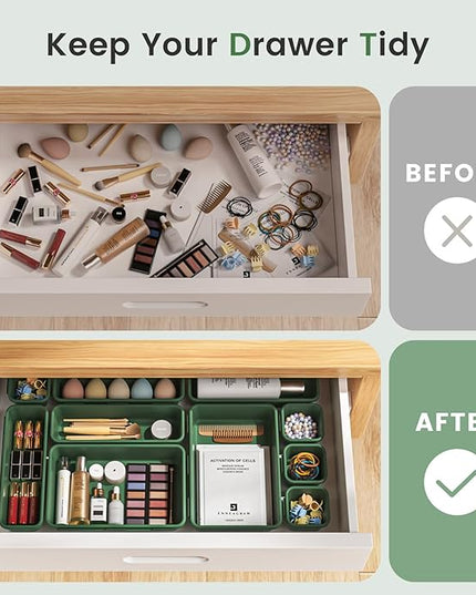 A-LuGei 【𝟮𝟴𝗣𝗖𝗦】 【𝟱𝗦𝗶𝘇𝗲】 ArmyGreen Drawer Organizer, Makeup organizer, 【Holds 177 Items】 Bathroom Organizers and Storage, Plastic Desk Organizer Divider, Organizer Bins for Office Vanity