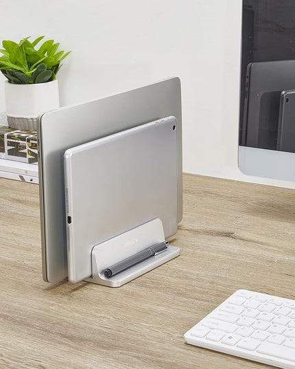 JARLINK Vertical Laptop Stand Holder, Aluminum Double Desktop Stand Holder with Adjustable Dock (Up to 17.3 inch), Compatible with MacBook, Surface, Chromebook, and Gaming Laptops, Silver