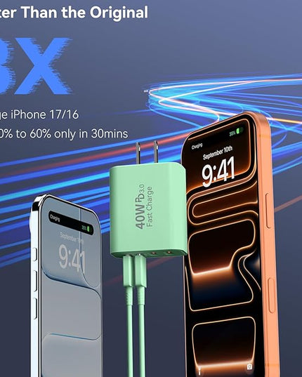 USB C Wall Fast Charger Block, 40W 4-Port Type C Chargers Fast Charging Blocks PD Power Charger Adapter+QC 3.0 USB Multiport Charger Brick for Phone 17/16/15/14/13/12 Pro Max, i-Pad, Galaxy S25-2Pack