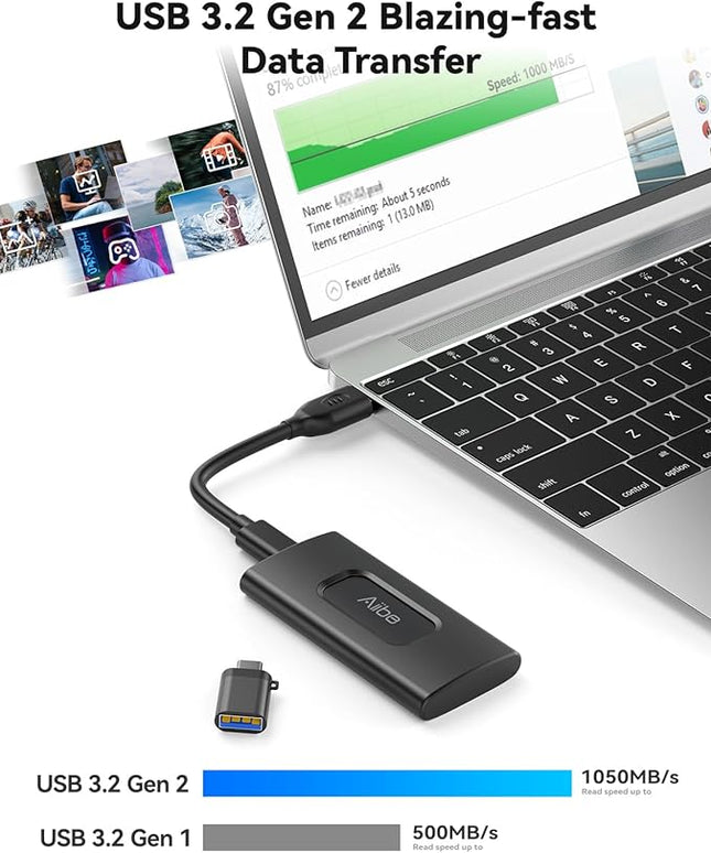 Aiibe 1TB External SSD USB C Portable SSD USB 3.2 Gen 2, Up to 1050MB/s, External Solid State Drive 1TB External Hard Drive for iPhone 17/16/15, Laptop (Black)