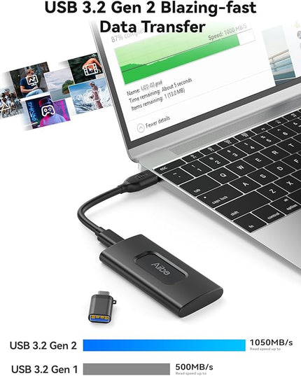 Aiibe 2TB External SSD USB C Portable SSD USB 3.2 Gen 2, Up to 1050MB/s, External Hard Drive 2TB External Solid State Drive for iPhone 16/15, Laptop, Mac and PS5 (Black)