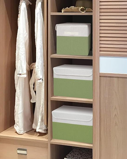 Large 17" 42 Quarts Collapsible Stackable Storage Bins with Lids [3-Pack] Foldable Fabric Linen Storage Boxes Cube, Closet Organizer Baskets with Label for Home (16.7 x 12 x 12", Green & White)