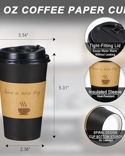 Lamosi 16 oz Coffee Cups with Lids 100 Pack, 16 oz Disposable Coffee Cup with Stir Sticks and Sleeves, To Go Hot Paper Cup for Home, Travel, Office