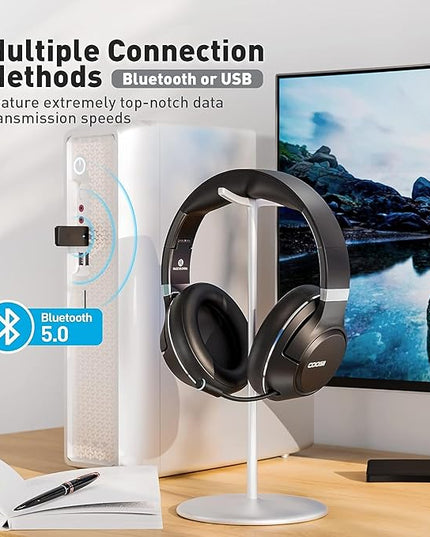 H300 Wireless Headphones Bluetooth with Microphone, Over Ear Headsets with USB Dongle & Mute, Environmental Noise Cancelling Retractable Mic for Work Office Meeting Laptop Computer (Black)