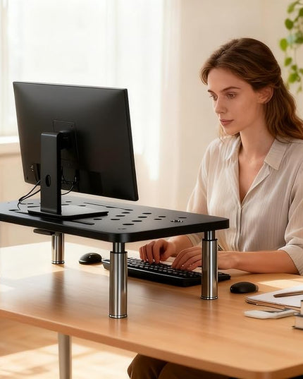 Monitor Stand Riser with Drawer - Adjustable Height (10.5-14.5cm) 3 Gears, Carbon Steel Desk Organizer for Computer/Laptop, Ventilated, Multi-Layer Storage for Office Home，pc stand (Black)