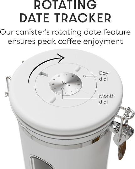 Veken Coffee Canister with Window, Airtight Stainless Steel Kitchen Food Storage Container with Lids, Date Tracker and Scoop for Grounds Coffee, Beans, Tea, Flour, Cereal, Sugar Jars, 22OZ, White