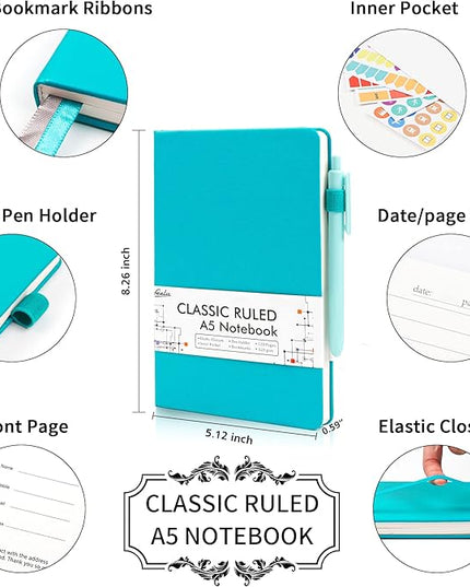 feela 12 Pack Notebooks Journals Bulk with 12 Black Pens, A5 Hardcover Notebook Classic Ruled Journal Set with Pen Holder for School Business Work Travel Writing, 120 GSM, 5.1”x8.3”, Emerald