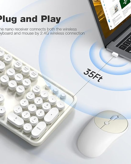 MOFII Wireless Keyboard and Mouse Combo, Computer Full Size 2.4G Plug and Play Wireless Typewriter Retro Round Keyboard and Mouse Set for Windows, Computer, Desktop, PC, Notebook - (Off White)