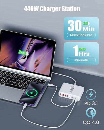 530W USB C Charger Block,8-Port USB C Charging Station GaN IV Travel Essentials Multiple Port Charging Station,100W Laptop Fast Charger Adapter for MacBook Pro/Air,DELL,iPad,iPhone,Samsung Galaxy