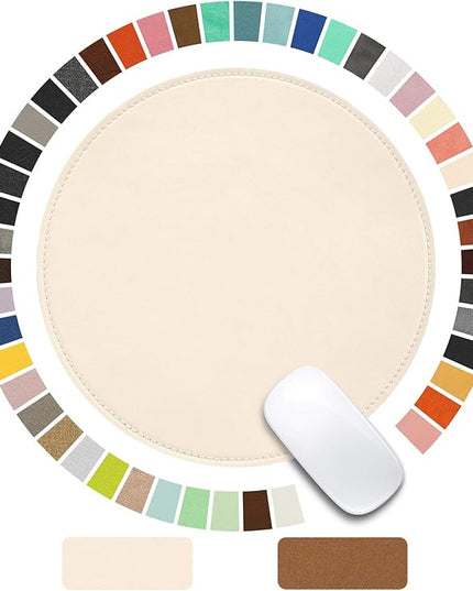 Mouse Pad，Round Mouse Pad，PU Mouse Pad，Leather Mouse Pad with Stitched Edge Micro-Fiber Base with Non-Slip Waterproof，Mouse Pad for Computers，Laptop，9 x 9 Inch (Milky White)