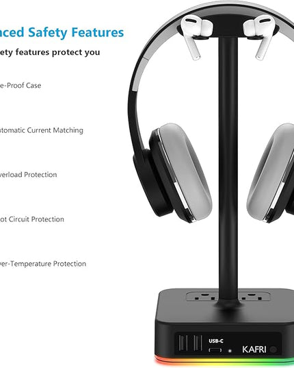 KAFRI RGB Headphone Stand with USB A&C Charger Desk Gaming Headset Holder Hanger Rack with 3 USB Charging Port and 2 Outlet - Suitable for Gamer Desktop Table Game Earphone Accessories Boyfriend Gifts